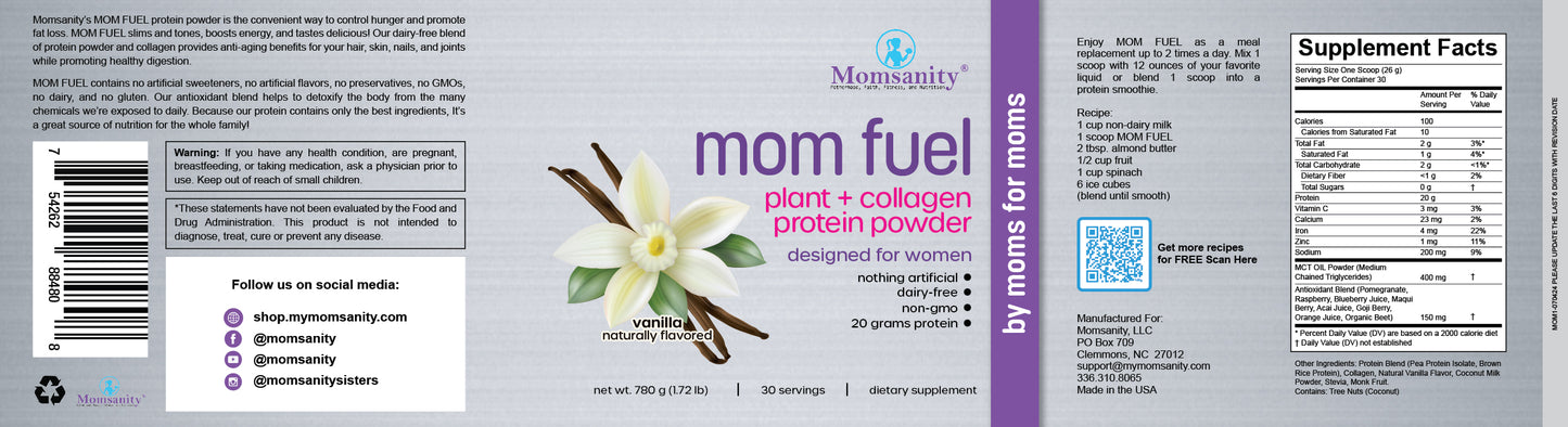 Product label for Natural Vanilla Mom Fuel Protein and Collagen Powder Blend