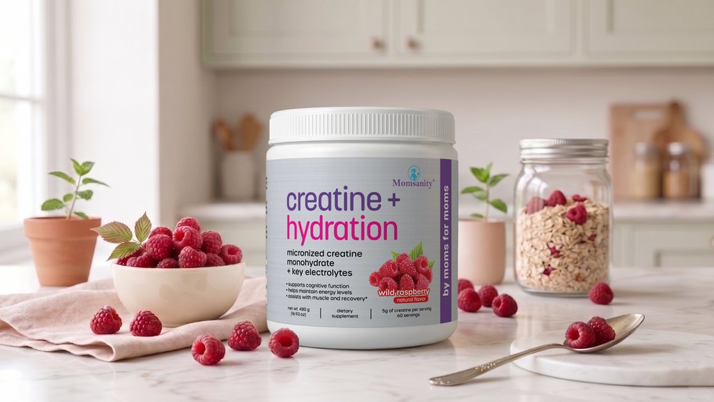 Momsanity Creatine + Hydration tub with fresh raspberries on a kitchen counter