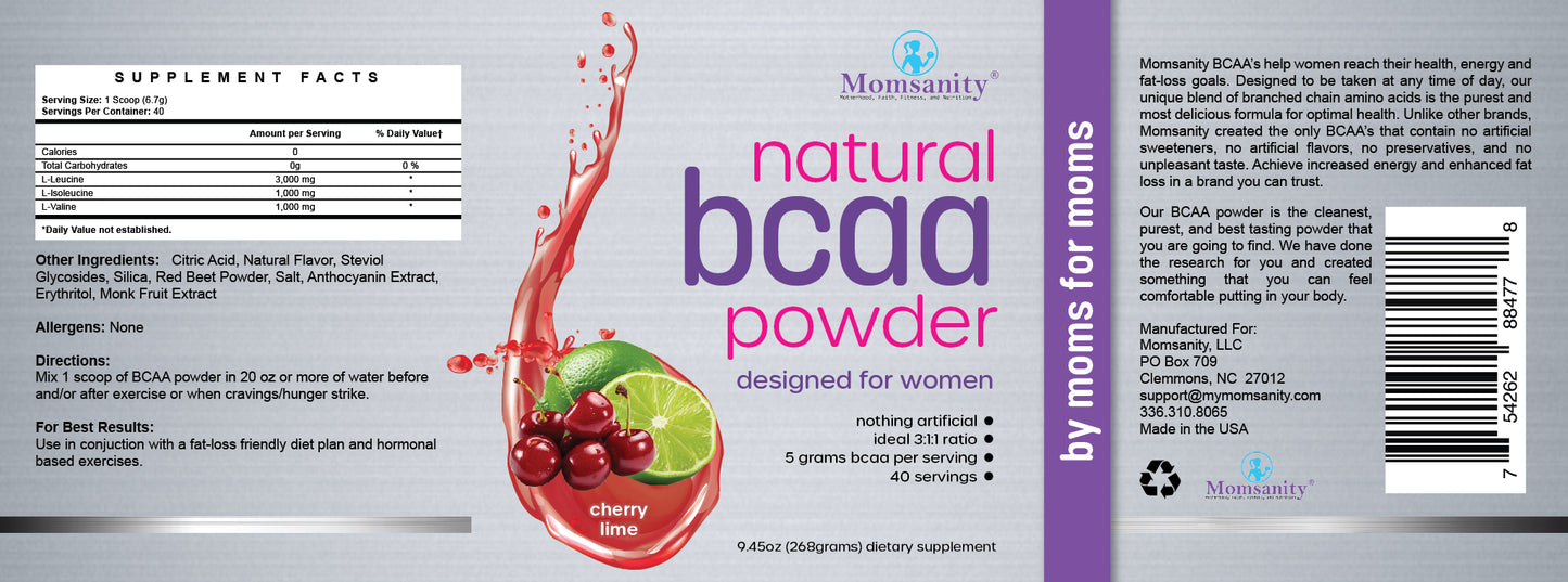 Natural BCAA Powder- Cherry-Lime- Naturally Flavored, Sweetened and Colored