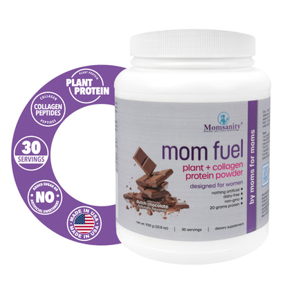 Chocolate Mom Fuel Protein Powder Benefits: Plant Protein, Collagen Peptides, 30 Servings, No Added Sugar or Artificial Sweeteners, Made In USA