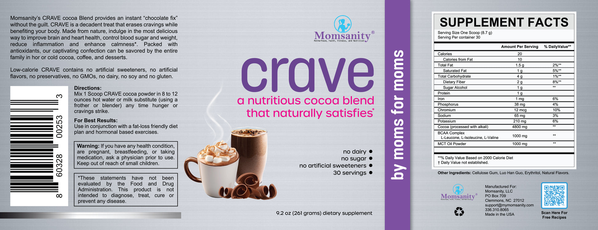 Product label for Crave Nutritious Cocoa Blend