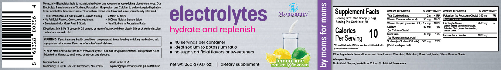 Product Label for Momsanity Lemon-Lime Electrolyte Powdered Drink Mix