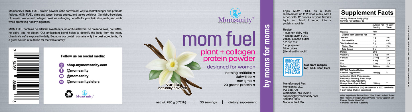 Product label for Natural Vanilla Mom Fuel Protein Powder