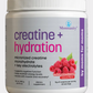 Supplement container labeled 'creatine + hydration' with raspberries on a white background