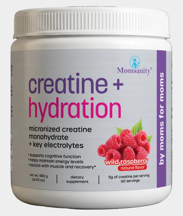 Momsanity Creatine + Hydration tub in wild raspberry flavor with fresh raspberries
