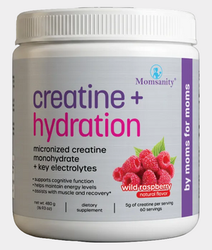 Supplement container labeled 'creatine + hydration' with raspberries on a white background
