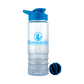 Clear water bottle with blue cap and 'Momsanity' logo on a white background