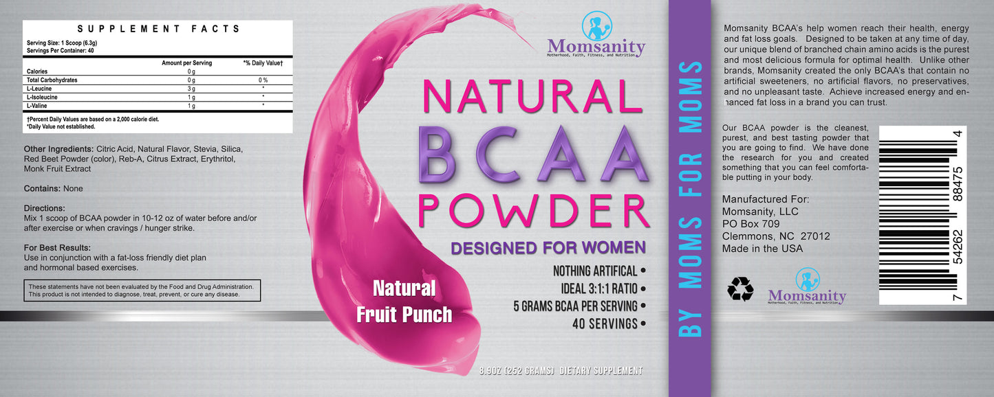 Natural BCAA Powder- Fruit Punch- Naturally Sweetened, Colored and Flavored