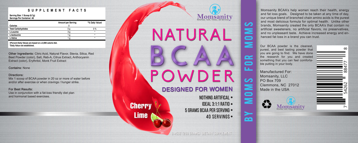 Natural BCAA Powder- Cherry-Lime- Naturally Flavored, Sweetened and Colored
