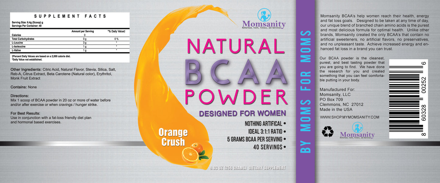 Natural BCAA Powder- Orange Crush - Naturally Flavored, Sweetened and Colored