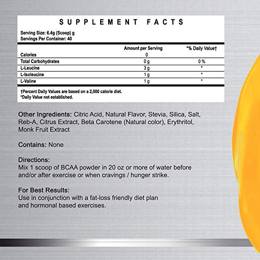 Natural BCAA Powder- Orange Crush - Naturally Flavored, Sweetened and Colored